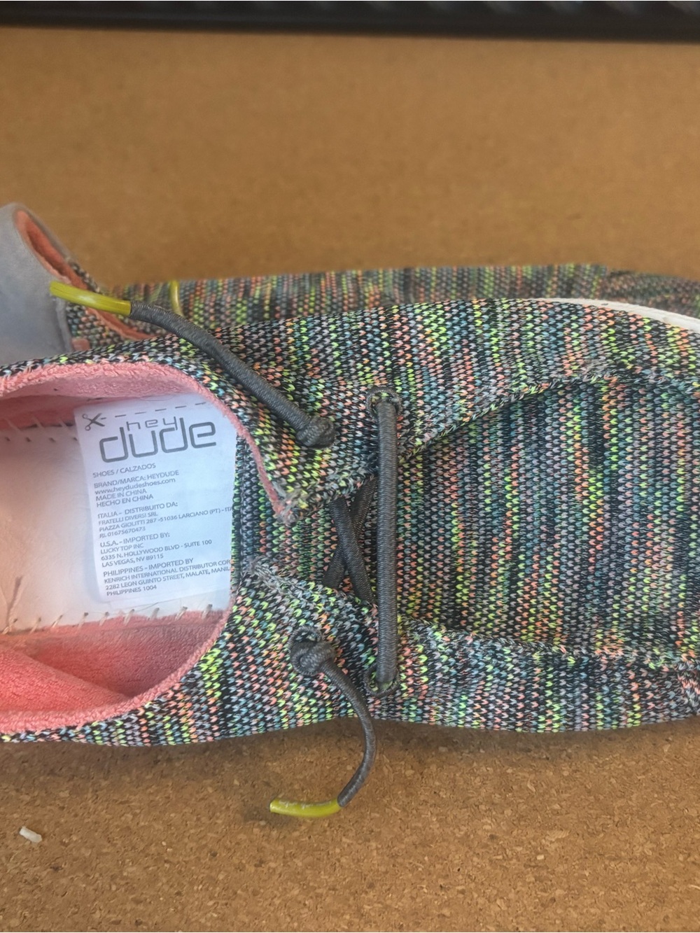 Hey Dude Multicolor Knit Slip-On Loafer with Gray Laces and Pink Interior
